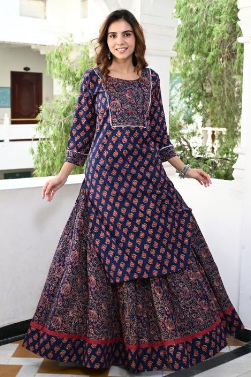 Cotton Printed Kurti & Skirt Set for Women