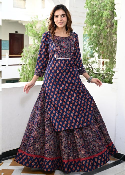 Cotton Printed Kurti & Skirt Set for Women