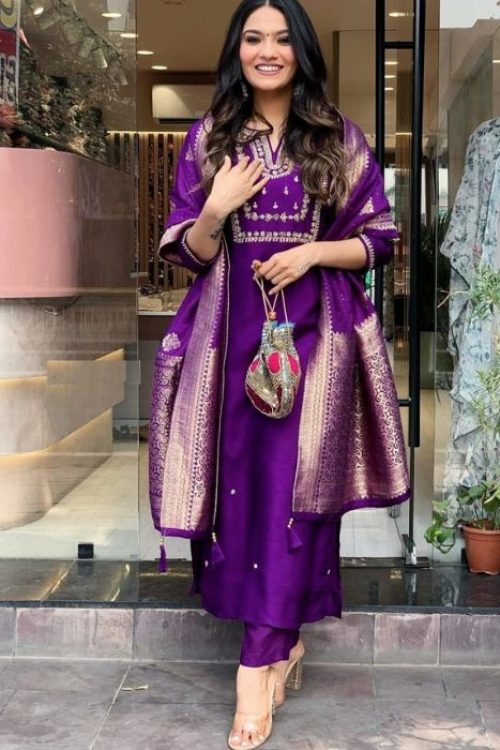 Purple Rayon Straight Pant Kurti with Dupatta with Embroidery